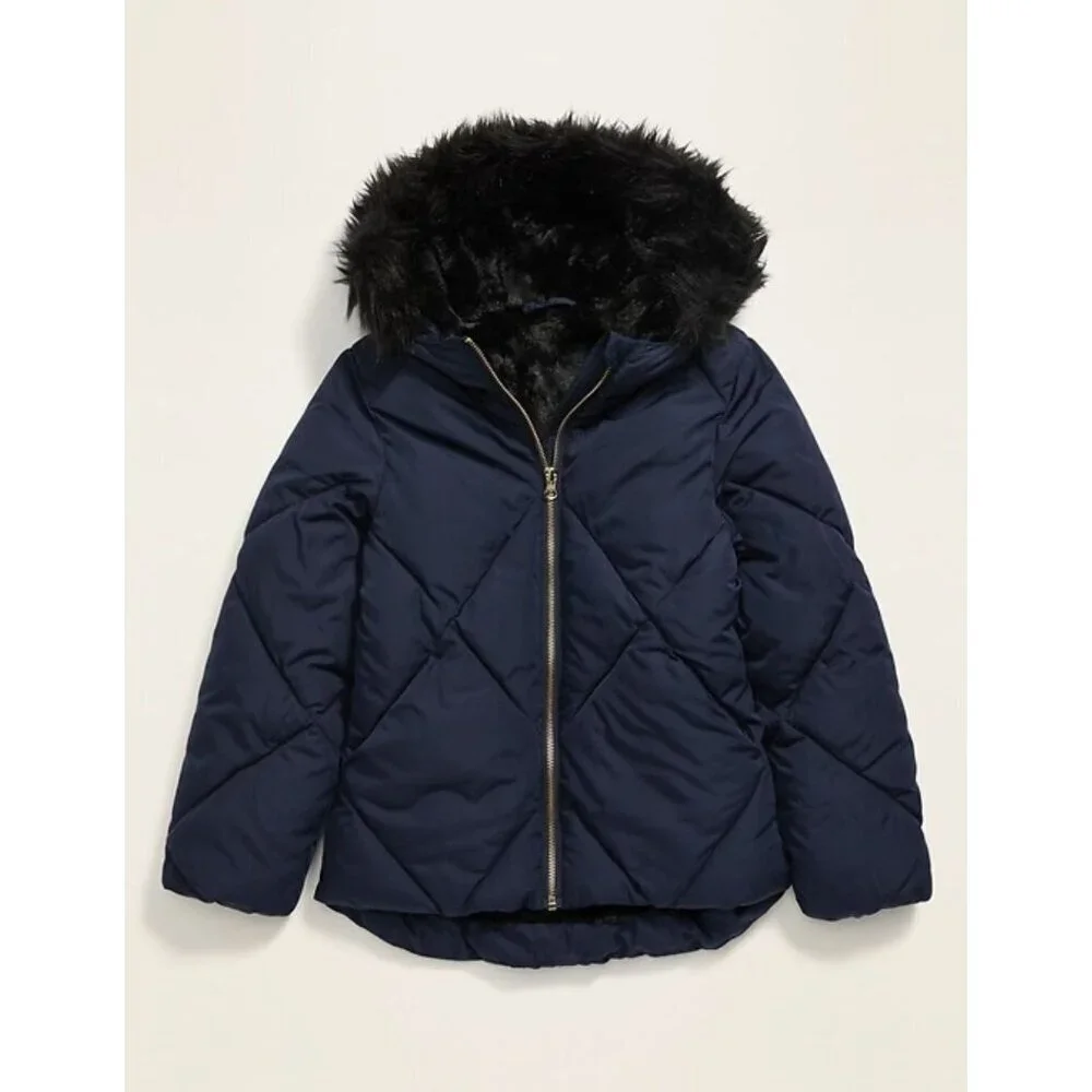 Old Navy girls frost free hooded jacket 14-16 Blue black faux fur